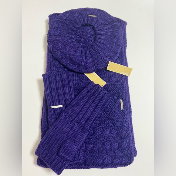 Michael Kors Accessories - Michael Kors Sample 3piece Set Purple Scarf Hat Fingerless Gloves NWT